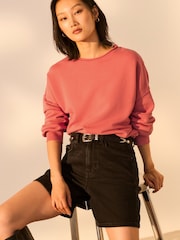 Red Raw Hem Detail Washed 100% Cotton Crew Neck Sweatshirt - Image 1 of 7
