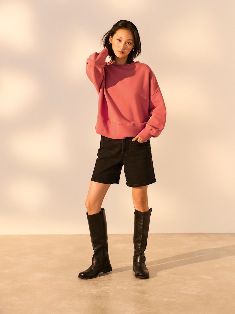 Red Raw Hem Detail Washed 100% Cotton Crew Neck Sweatshirt - Image 2 of 7
