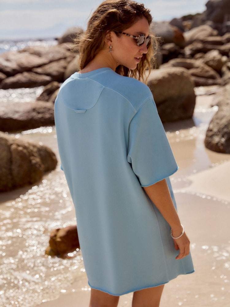 Blue Raw Hem Detail Washed 100% Cotton Crew Neck Dress - Image 3 of 7