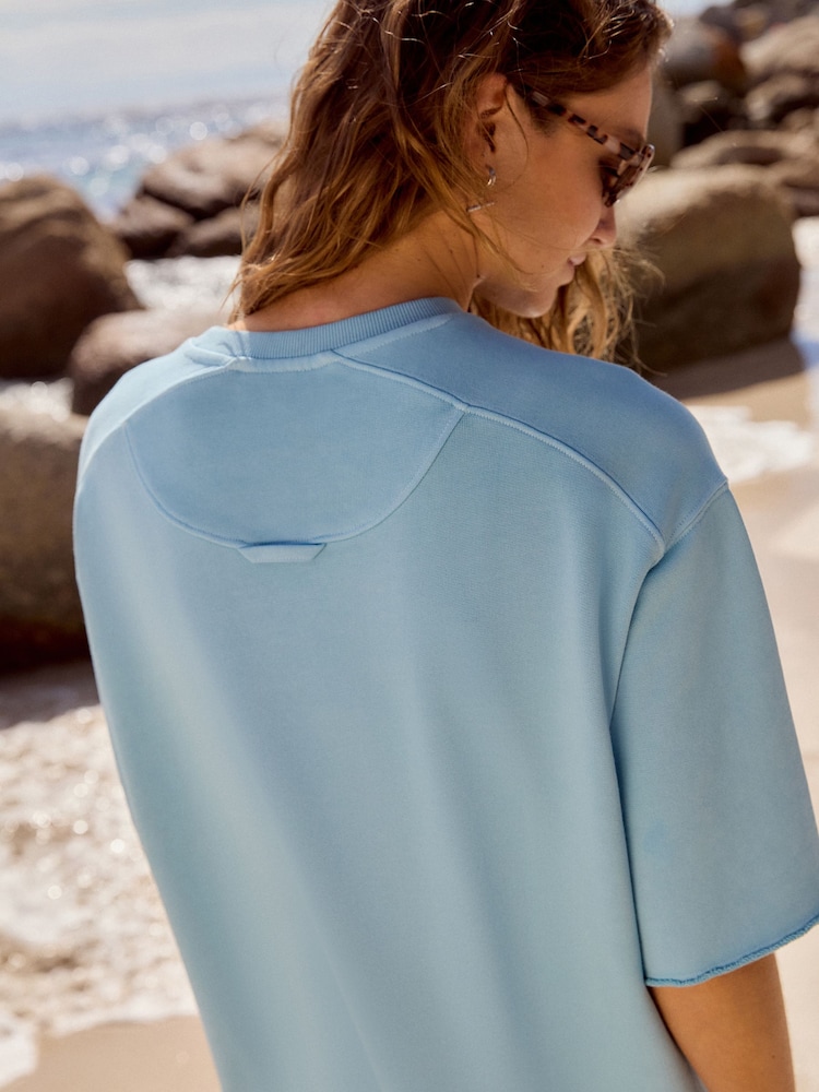 Blue Raw Hem Detail Washed 100% Cotton Crew Neck Dress - Image 4 of 7