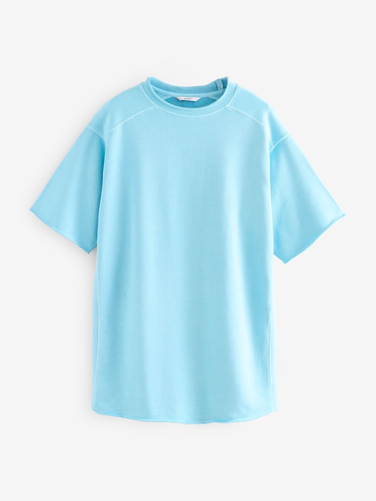 Blue Raw Hem Detail Washed 100% Cotton Crew Neck Dress - Image 5 of 7