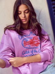 Purple Graphic Beaded Lobster 100% Cotton Crew Neck Longsleeve Sweat Top - Image 1 of 8