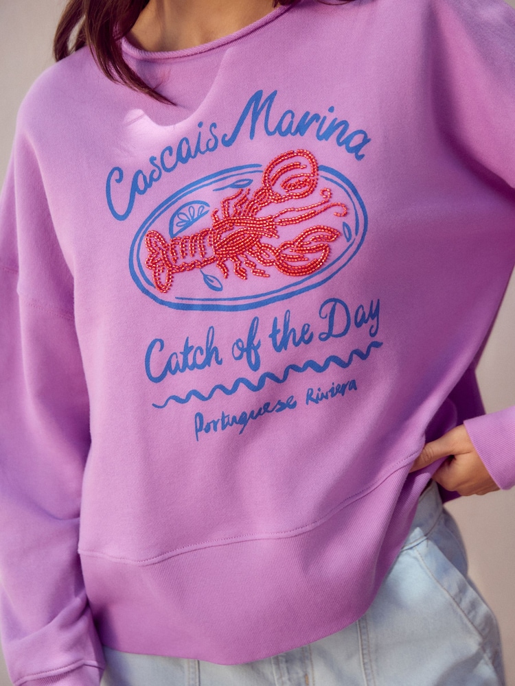 Purple Graphic Beaded Lobster 100% Cotton Crew Neck Longsleeve Sweat Top - Image 5 of 8