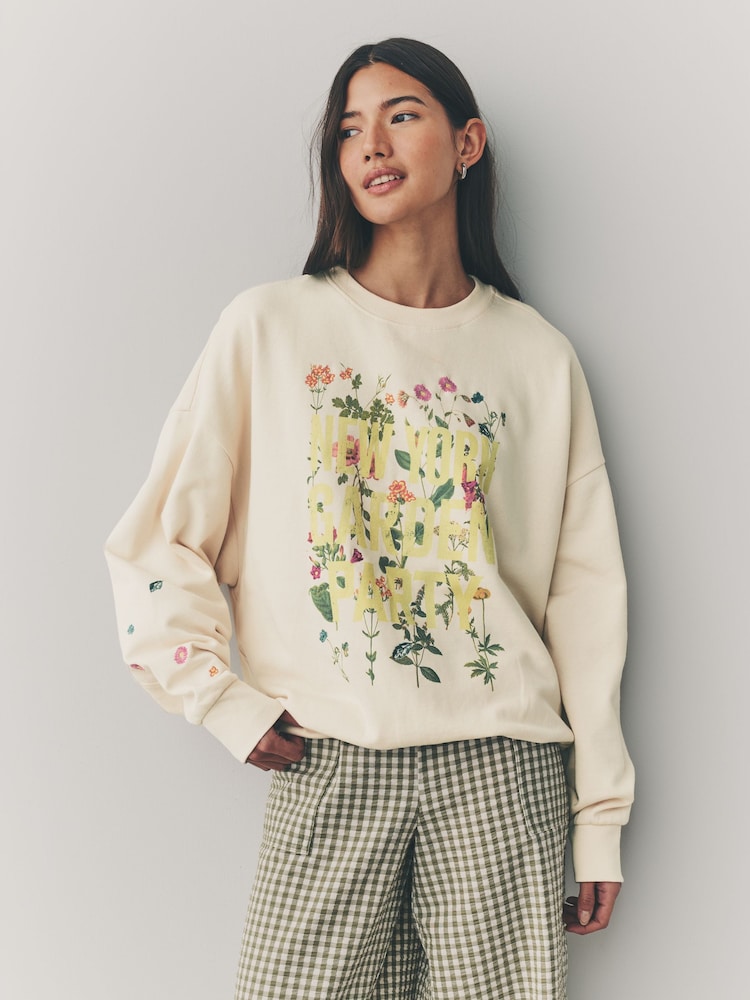 Ecru Graphic NYC Garden Party 100% Cotton Sweatshirt - Image 1 of 8