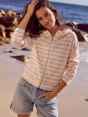 Ecru/Pink Textured Waffle Zip Through Jumper Hoodie - Image 1 of 8
