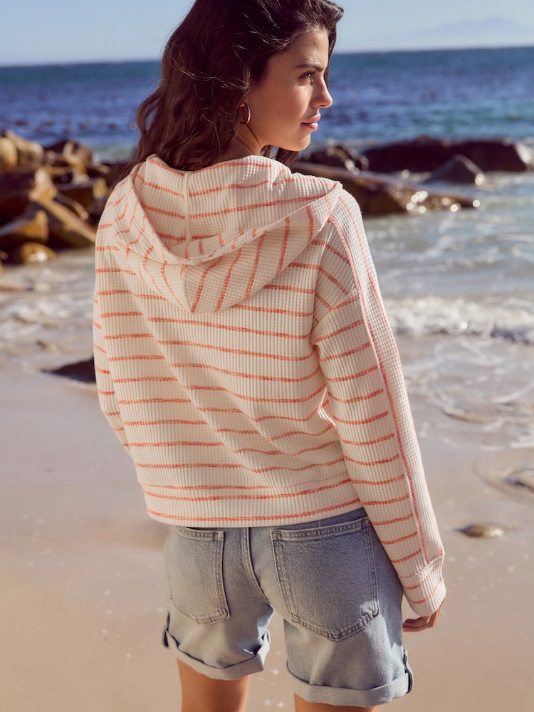 Ecru/Pink Textured Waffle Zip Through Jumper Hoodie - Image 2 of 8