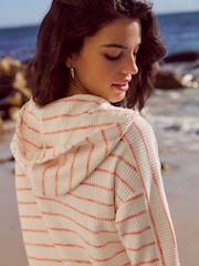 Ecru/Pink Textured Waffle Zip Through Jumper Hoodie - Image 4 of 8