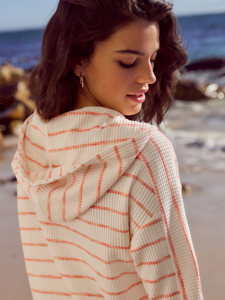 Ecru/Pink Textured Waffle Zip Through Jumper Hoodie - Image 4 of 8