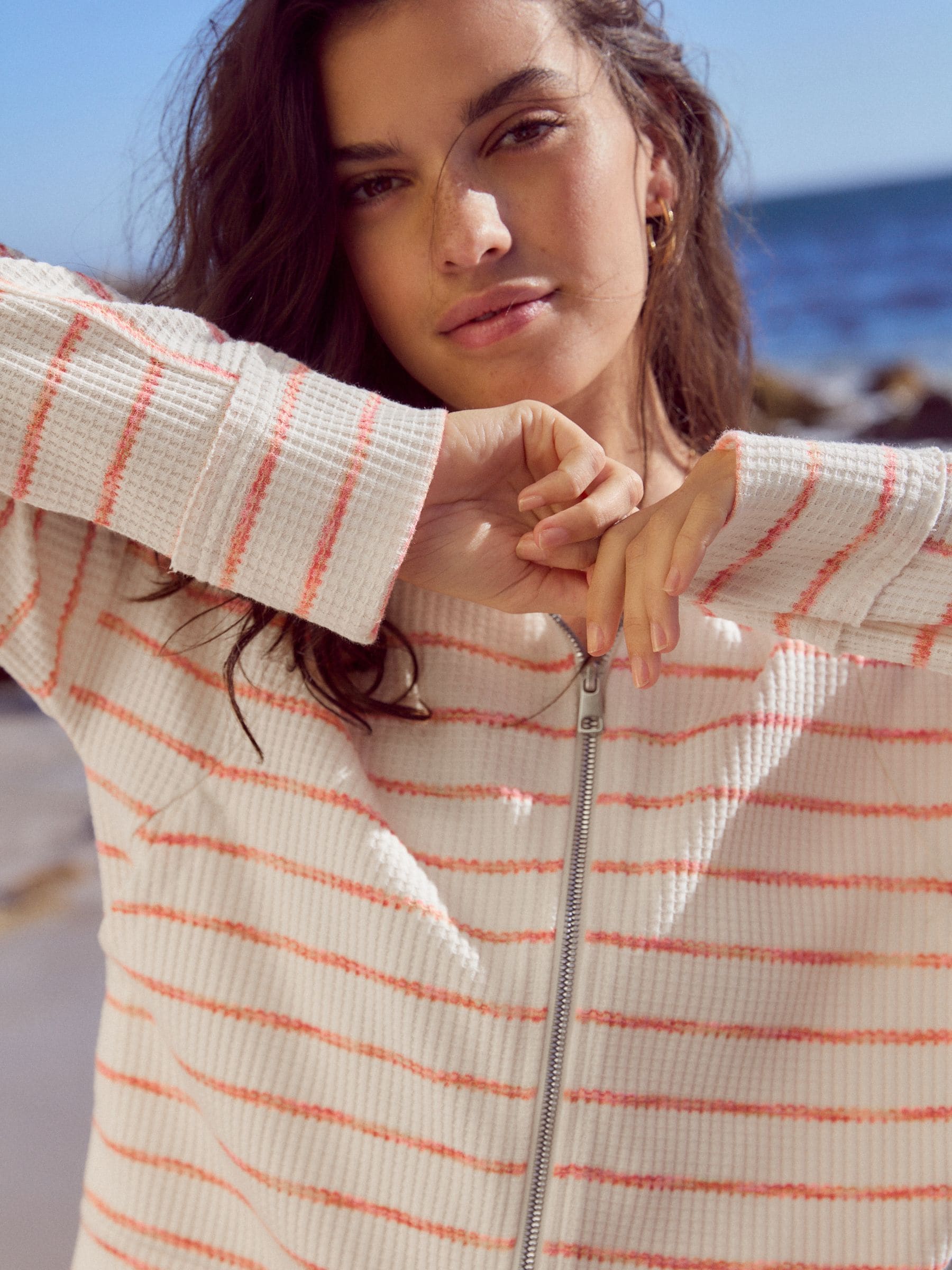 Buy Ecru/Pink Textured Waffle Zip Through Jumper Hoodie from the