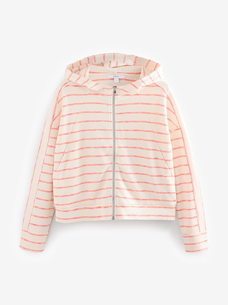 Ecru/Pink Textured Waffle Zip Through Jumper Hoodie - Image 6 of 8