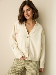 Ecru Relaxed Fit Button Down Embroidered Cardigan - Image 1 of 6