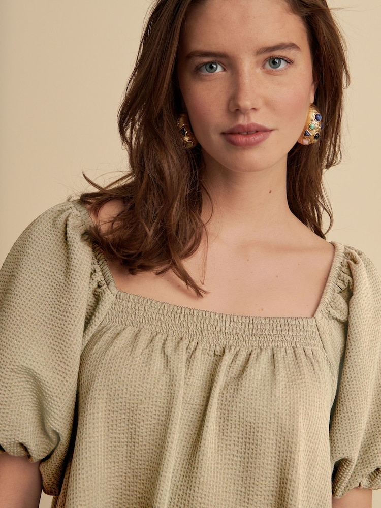 Sage Green Textured Seer Sucker Smock Dress - Image 3 of 3 Sage Green Textured Seer Sucker Smock Dress - Image 3 of 3