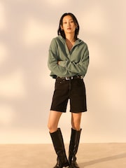 Green Relaxed Fit Washed Cotton V-Neck Hoodie - Image 2 of 8