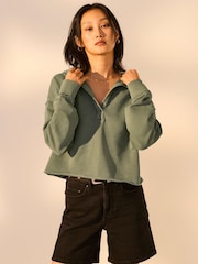 Green Relaxed Fit Washed Cotton V-Neck Hoodie - Image 3 of 8