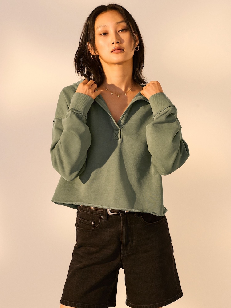 Green Relaxed Fit Washed Cotton V-Neck Hoodie - Image 3 of 8