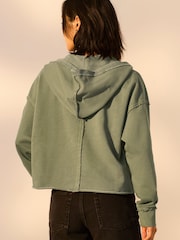 Green Relaxed Fit Washed Cotton V-Neck Hoodie - Image 4 of 8