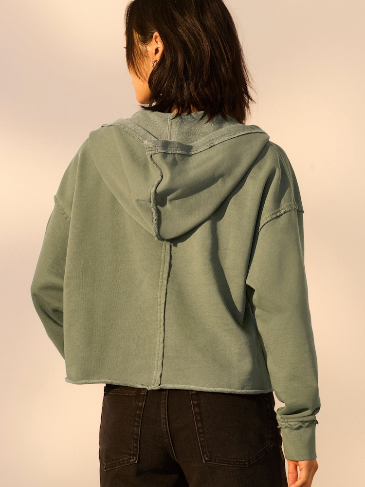 Green Relaxed Fit Washed Cotton V-Neck Hoodie - Image 4 of 8