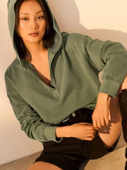 Green Relaxed Fit Washed Cotton V-Neck Hoodie - Image 5 of 8