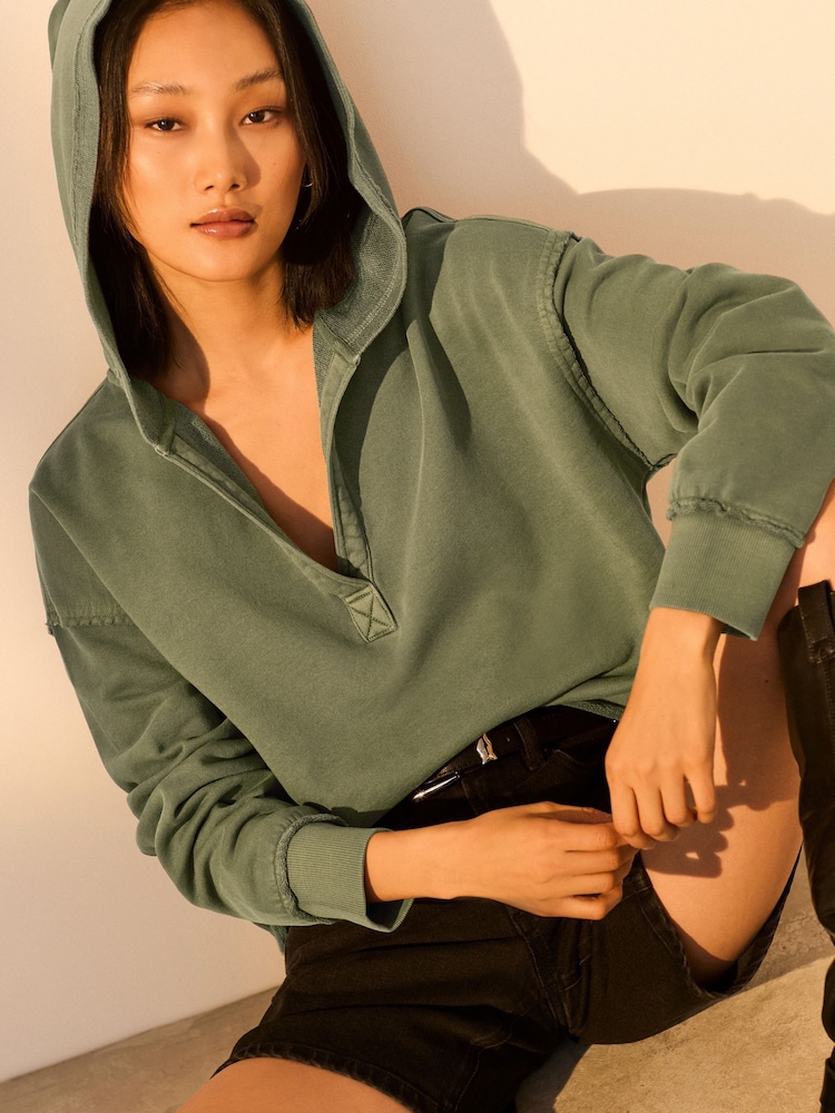 Green Relaxed Fit Washed Cotton V-Neck Hoodie - Image 5 of 8