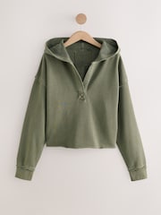 Green Relaxed Fit Washed Cotton V-Neck Hoodie - Image 6 of 8