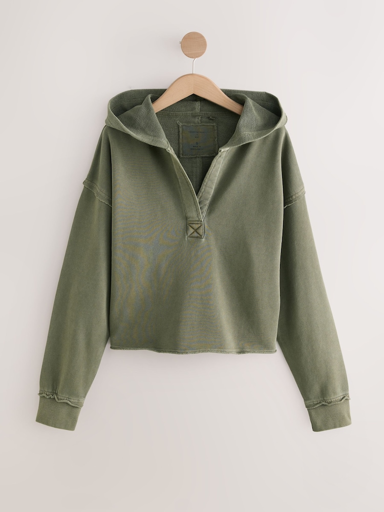 Green Relaxed Fit Washed Cotton V-Neck Hoodie - Image 6 of 8