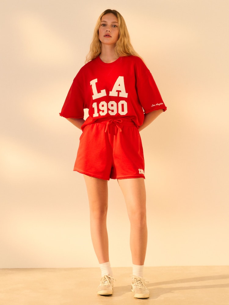 Rot - Shorts mit offenem Saum mit Grafik LA 1990 - Bild 1 von 7