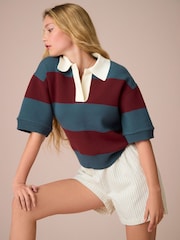 Burgundy Red/ Blue Stripe Soft Touch Heavyweight Cosy Striped Jumper - Image 1 of 8