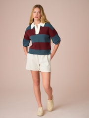 Burgundy Red/ Blue Stripe Soft Touch Heavyweight Cosy Striped Jumper - Image 2 of 8