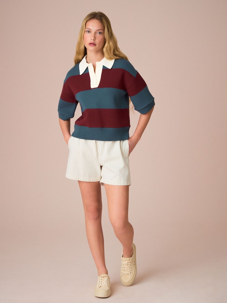 Burgundy Red/ Blue Stripe Soft Touch Heavyweight Cosy Striped Jumper - Image 2 of 8