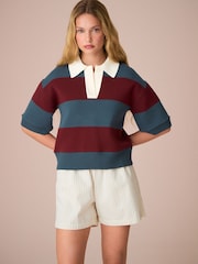 Burgundy Red/ Blue Stripe Soft Touch Heavyweight Cosy Striped Jumper - Image 3 of 8