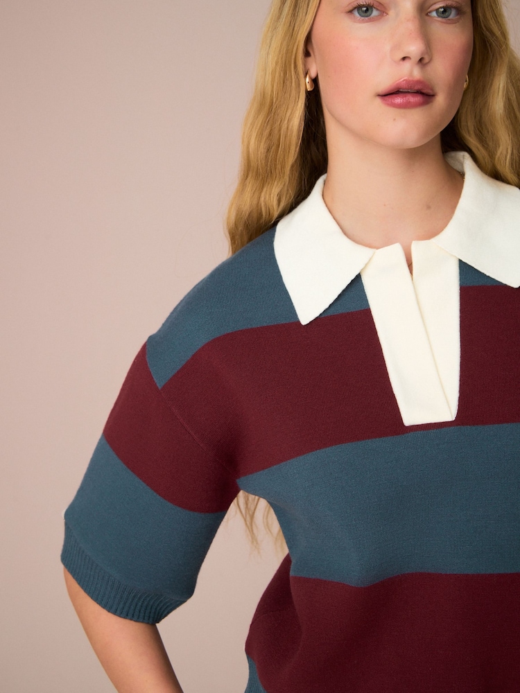 Burgundy Red/ Blue Stripe Soft Touch Heavyweight Cosy Striped Jumper - Image 5 of 8