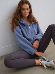 Light Blue Hooded Soft Teddy Borg Quarter Zip Fleece - Image 1 of 5
