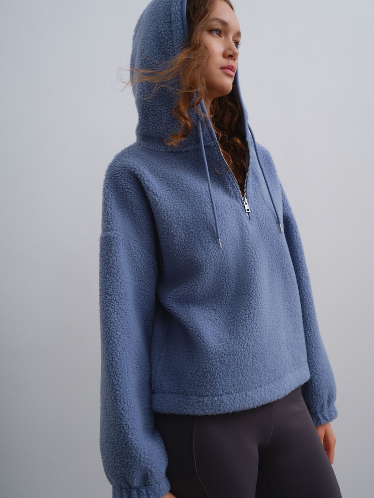 Light Blue Hooded Soft Teddy Borg Quarter Zip Fleece - Image 2 of 5