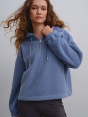 Light Blue Hooded Soft Teddy Borg Quarter Zip Fleece - Image 3 of 5