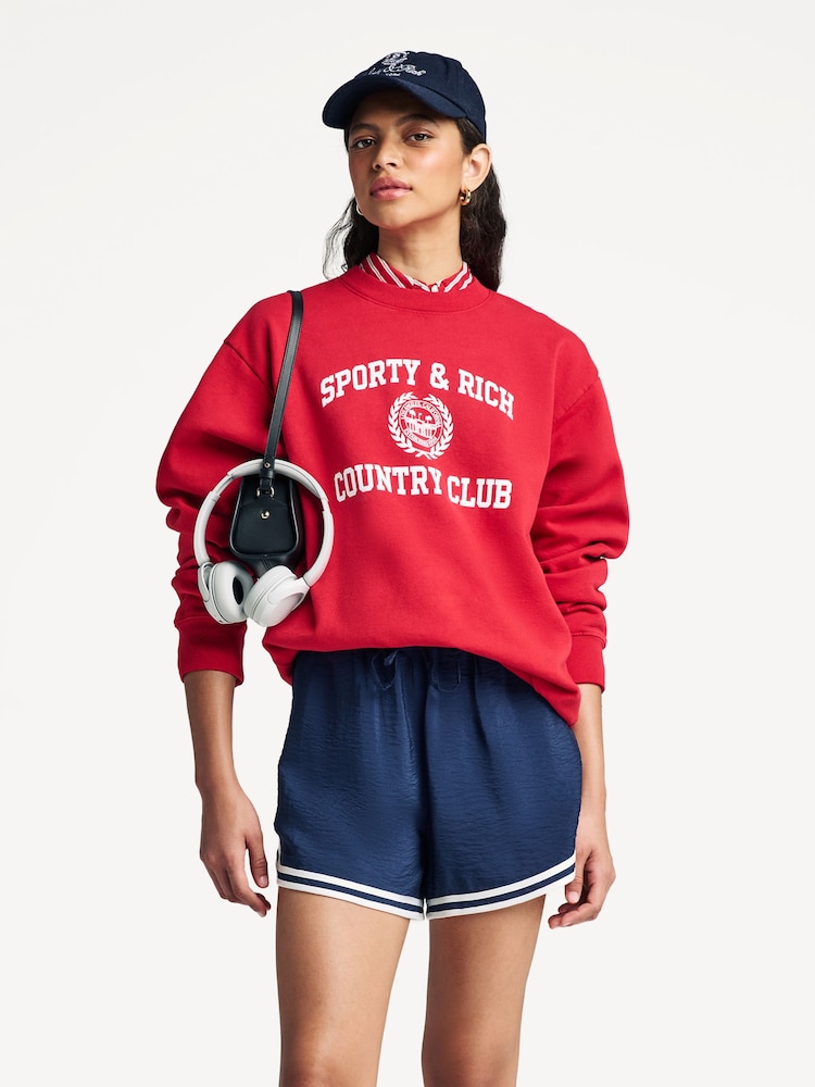 Sporty & Rich Red Varsity Crest Crewneck Sweat Top - Image 1 of 7
