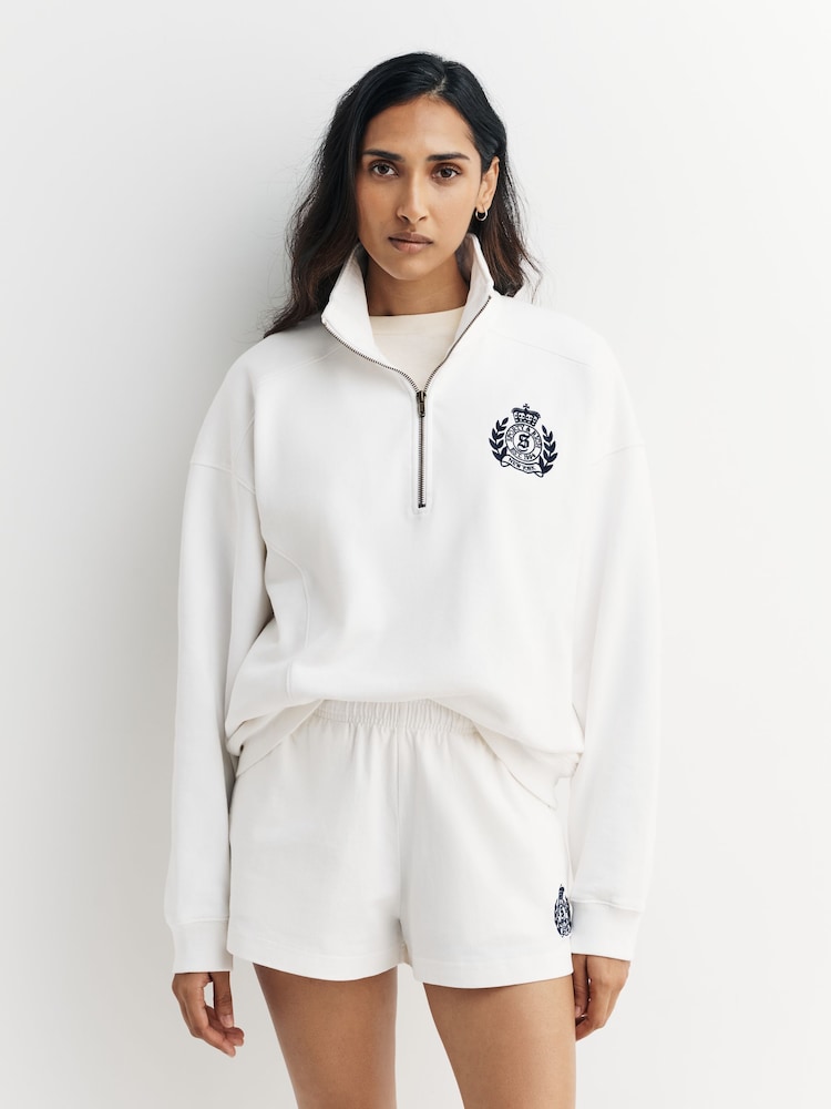 Sporty & Rich White H&W Crest Embroidered Quarter Zip Sweat Top - Image 1 of 5