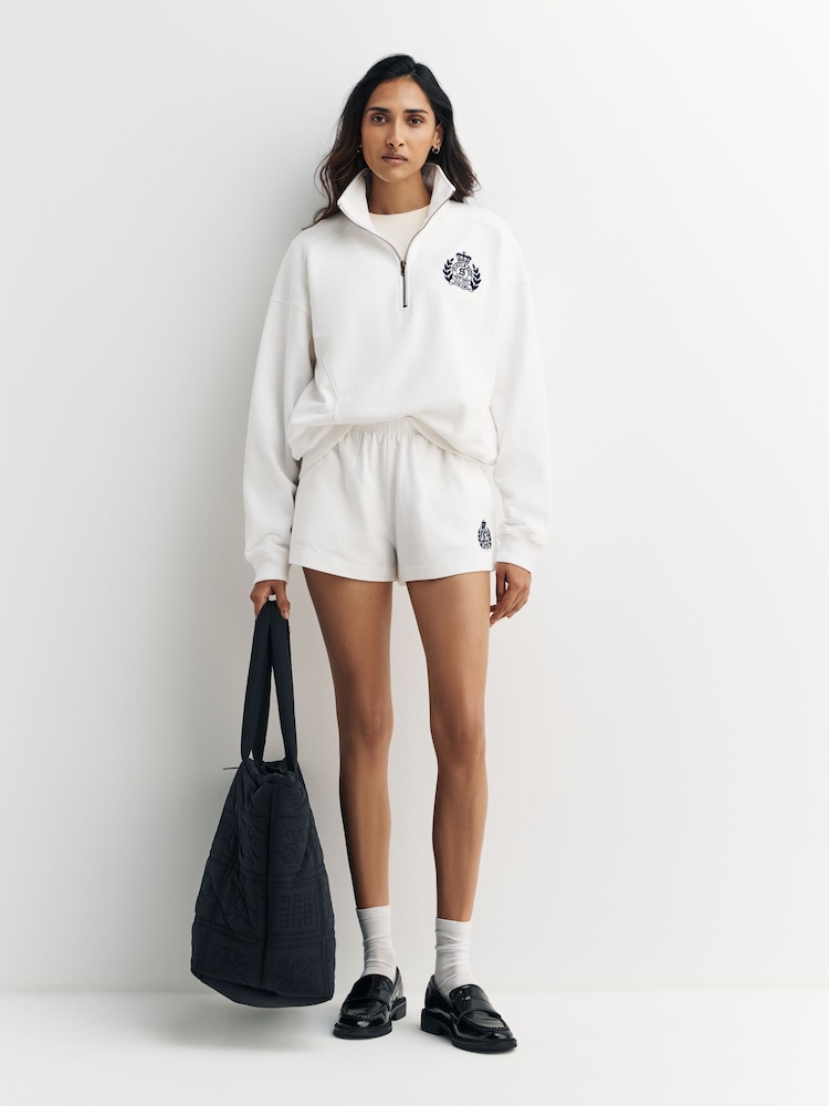 Sporty & Rich White H&W Crest Embroidered Quarter Zip Sweat Top - Image 2 of 5