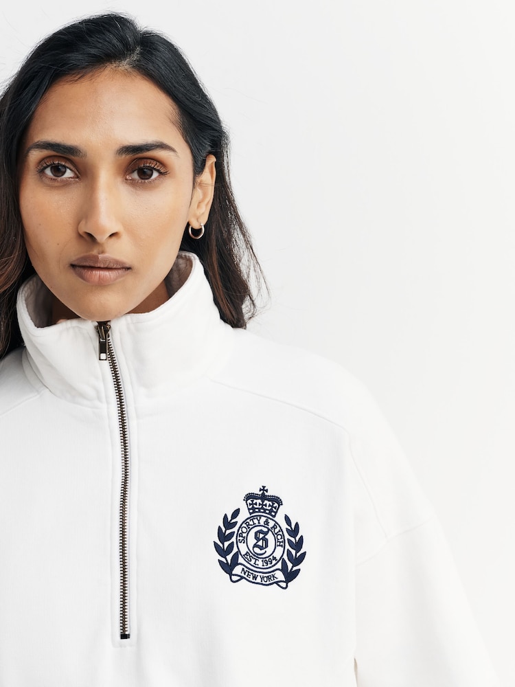 Sporty & Rich White H&W Crest Embroidered Quarter Zip Sweat Top - Image 5 of 5