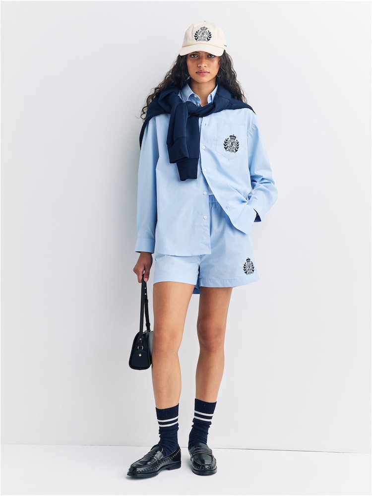 Sporty & Rich Blue H&W Crest Poplin Shorts - Image 1 of 8