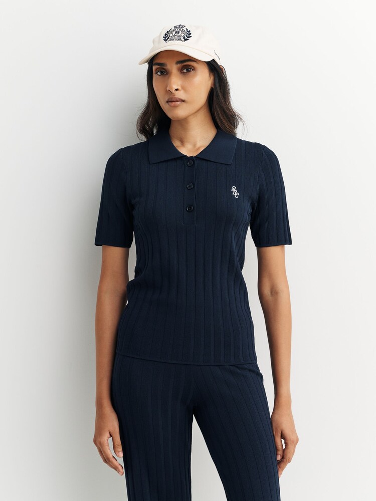 Sporty & Rich Blue SRC Ribbed Polo Shirt - Image 1 of 5
