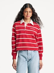 Sporty & Rich Red Serif Logo Cropped Rugby Polo Shirt - Image 1 of 9