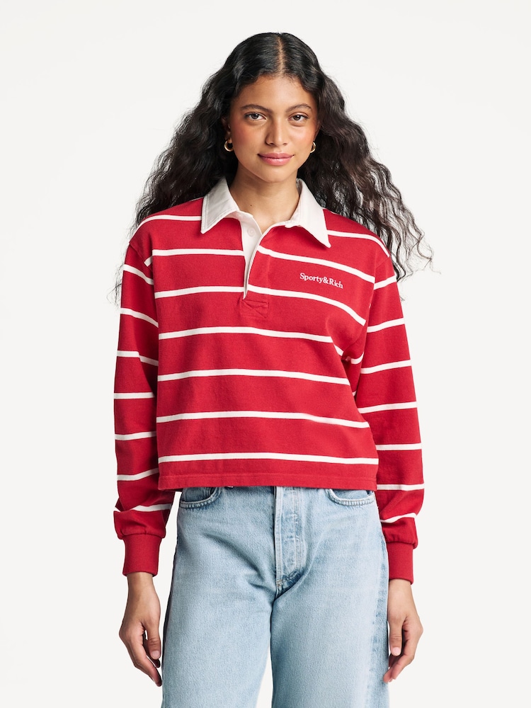 Sporty & Rich Red Serif Logo Cropped Rugby Polo Shirt - Image 1 of 9