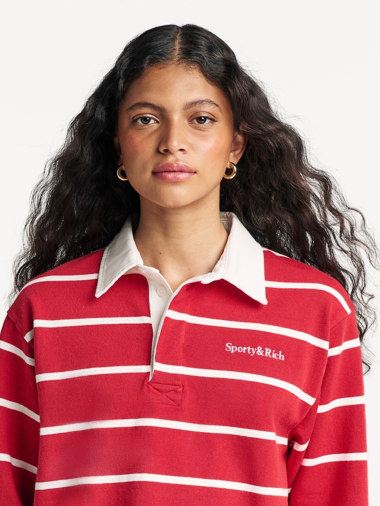 Sporty & Rich Red Serif Logo Cropped Rugby Polo Shirt - Image 2 of 9