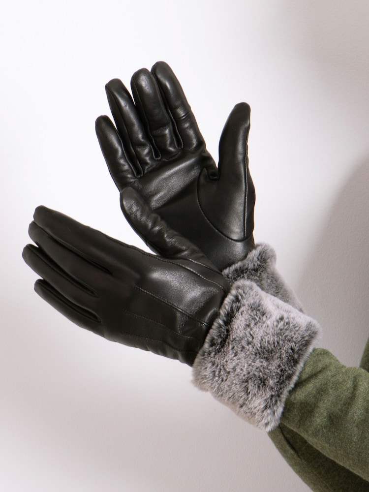 Totes Black Isotoner Ladies Leather Gloves with Faux Fur Cuff - Image 1 of 2