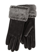 Totes Black Isotoner Ladies Leather Gloves with Faux Fur Cuff - Image 2 of 2
