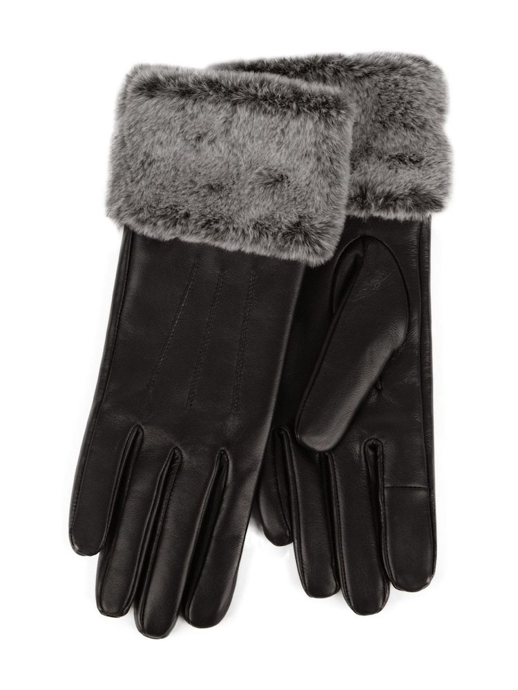 Totes Black Isotoner Ladies Leather Gloves with Faux Fur Cuff - Image 2 of 2