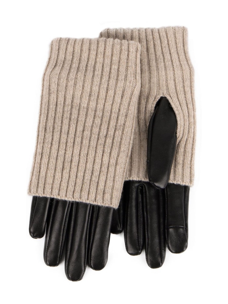Totes Black Ladies Isotoner Leather Gloves with Overlay Knit Trim - Image 2 of 2