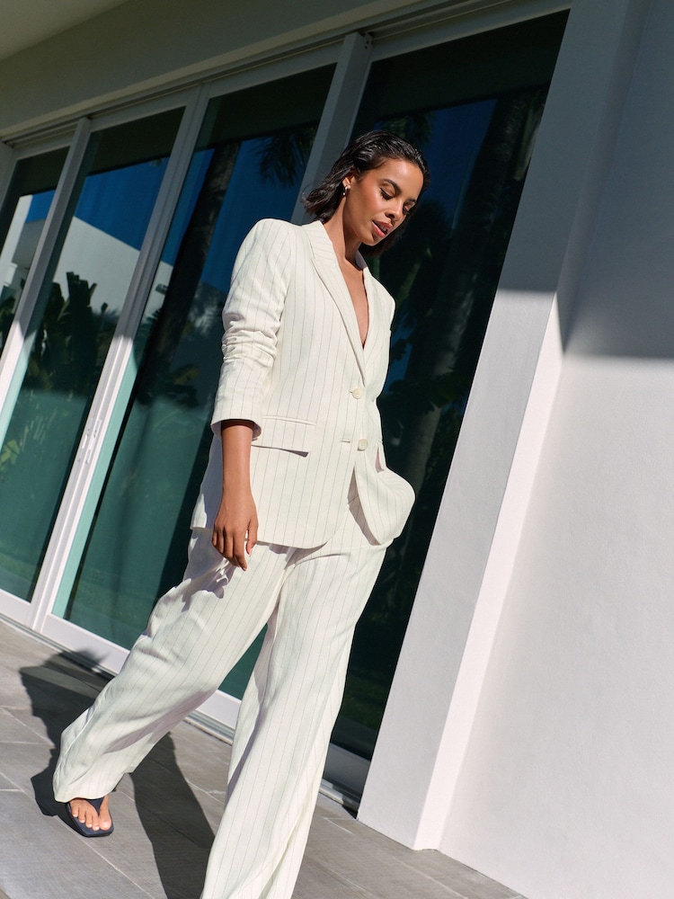 Black/White Striped Wide Leg Trousers with Linen - Image 1 of 9
