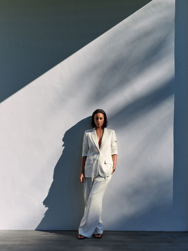 Black/White Striped Wide Leg Trousers with Linen - Image 2 of 9 Black/White Striped Wide Leg Trousers with Linen - Image 2 of 9
