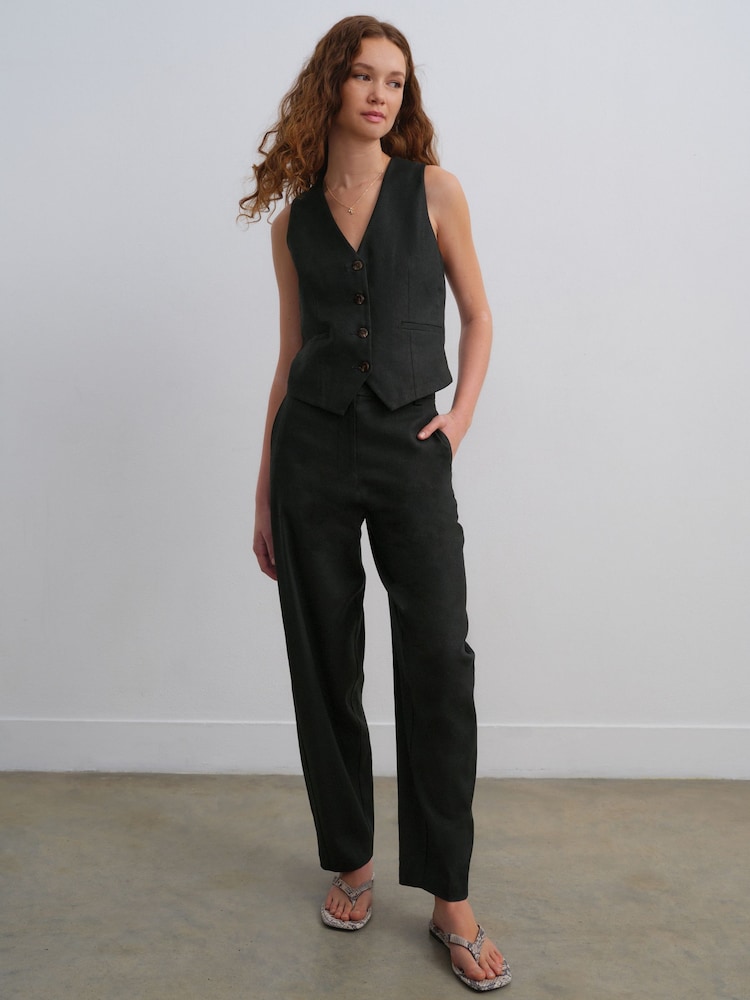 Black Elasticated Waist Barrel Leg Trousers with Linen - Image 1 of 6